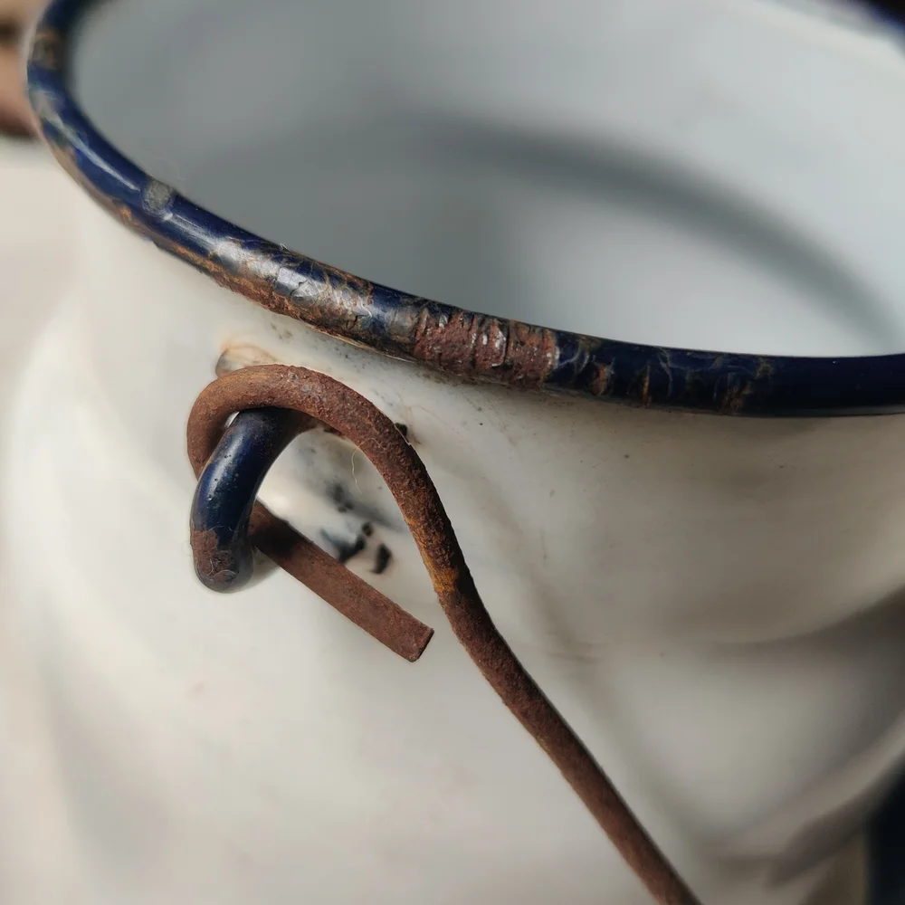 Vintage Antique White Enamelware Milk Canister Lid Wood Bail Handle 9